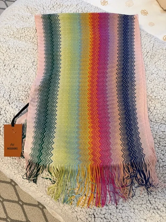 Missoni Multicolor Zigzag Knit Scarf Wrap Fringe Shawl Italy 84 x 14.5 NWT - Picture 3 of 9